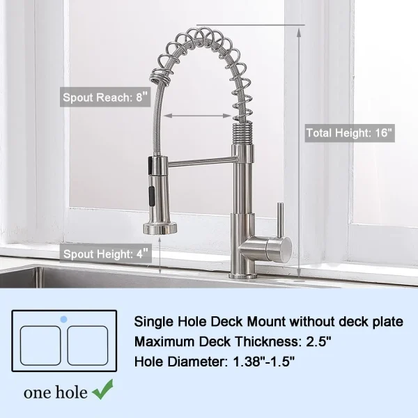 Commercial Brushed Nickel Kitchen Faucet with Pull Down Sprayer, Modern Stainless Steel Single Handle Spring Kitchen Faucets - Image 3