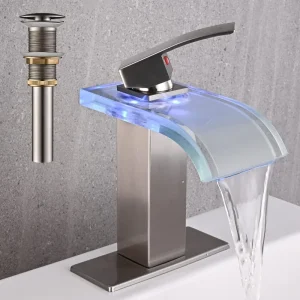 LED Bathroom Sink Faucet, Waterfall Single Hole Handle Vanity Faucets for Sinks 1 Hole with Metal Pop Up Drain