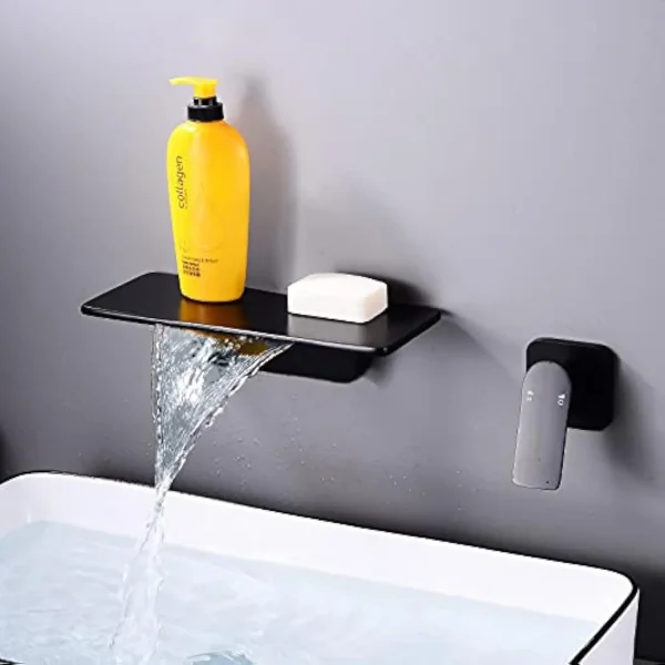 Wall Mount Bathroom Sink Faucet Black - Wide Waterfall Spout One Handle Vanity Basin Bathtub Faucet with Rough-In Valve - Image 5