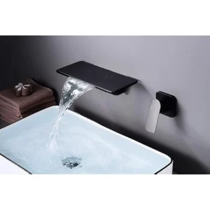 Wall Mount Bathroom Sink Faucet Black - Wide Waterfall Spout One Handle Vanity Basin Bathtub Faucet with Rough-In Valve