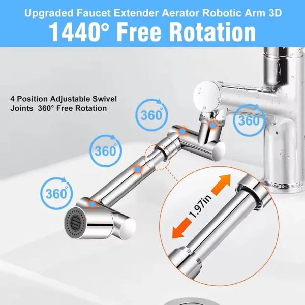 New Metal 1440 °Retractable Universal Robotic Arm Swivel Extension Faucet Aerator Kitchen Sink Faucet Extender 2 Water Flow Mode - Image 4