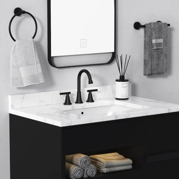 Bathroom Faucets for Sink 3 Hole, Hurran Matte Black Bathroom Sink Faucet with Pop-up Drain and Supply Lines, Stainless Steel - Image 2