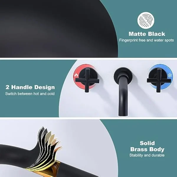 Matte Black Bathroom Faucet, 2 Handle Wall Mount Bathroom Faucet and Rough-In Valve Included, Vessel Sink Faucet Wall Mounted - Image 6