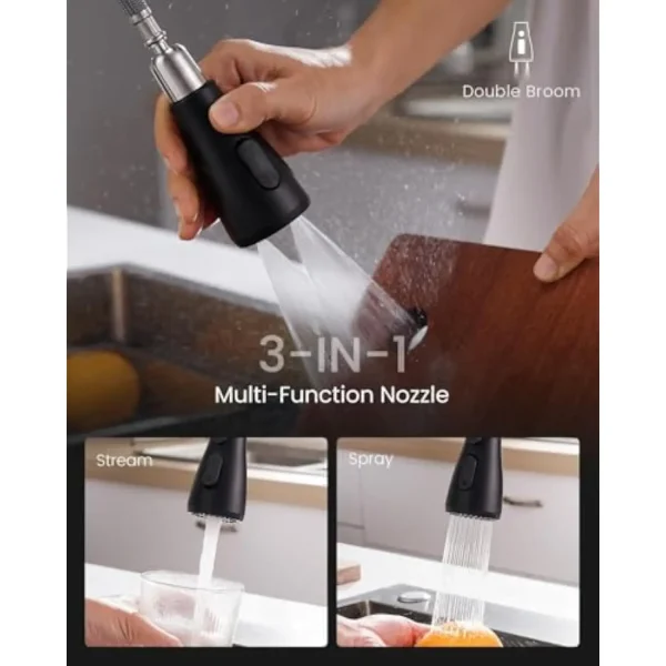 2 Hole Kitchen Faucet, 3 Modes Matte Black Kitchen Faucet with Pull down Sprayer, High Arch Kitchen Sink Faucet with Side Sing - Image 3