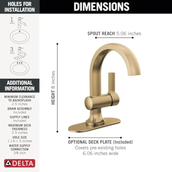 Delta Faucet Albion Single Hole Bathroom Faucet, Gold Single Handle Bathroom Faucet, Bathroom Sink Faucet, Metal Push Pop-Up Dr - Image 3