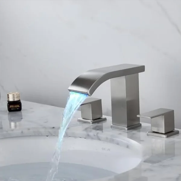 Bathroom Faucets 3 Hole Widespread Brushed Nickel Bathroom Sink Faucet 8 Inch Led Light Modern 3 Hole Vanity Faucet Bathroom Wi - Image 6