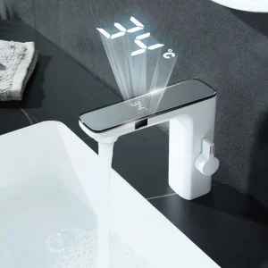White Smart Daul Sensor Bathroom Basin Faucet Hot Cold Water Mixer Deck Mount Bathroom Sink Faucet