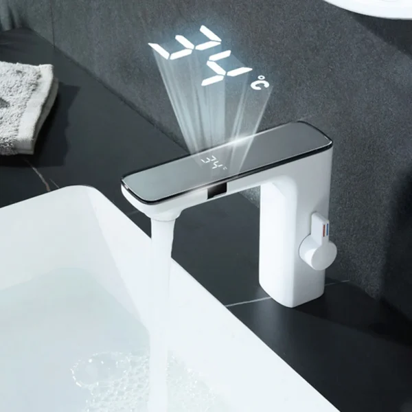 White Smart Daul Sensor Bathroom Basin Faucet Hot Cold Water Mixer Deck Mount Bathroom Sink Faucet
