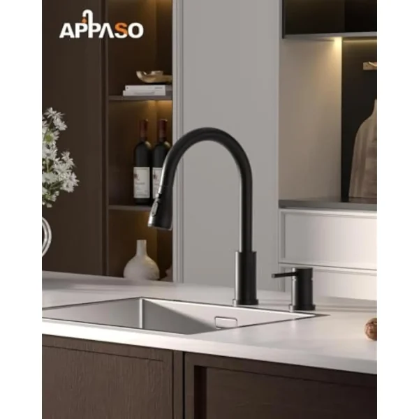 2 Hole Kitchen Faucet, 3 Modes Matte Black Kitchen Faucet with Pull down Sprayer, High Arch Kitchen Sink Faucet with Side Sing - Image 2