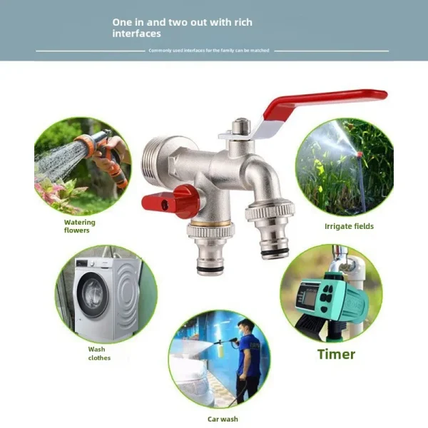 Industrial and Home Irrigation Zinc Alloy Garden Bibcocks Outdoor 1 Inlet 2 Outlet Bibcock with Dual Nipple and Bathroom Faucet - Image 3