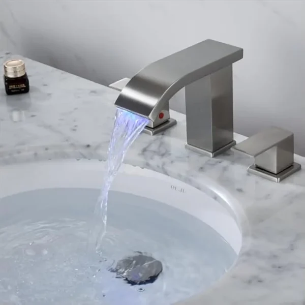 Bathroom Faucets 3 Hole Widespread Brushed Nickel Bathroom Sink Faucet 8 Inch Led Light Modern 3 Hole Vanity Faucet Bathroom Wi - Image 4