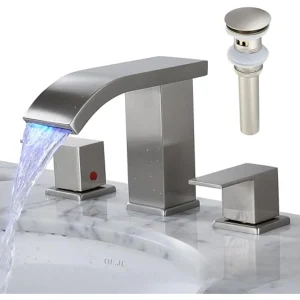 Bathroom Faucets 3 Hole Widespread Brushed Nickel Bathroom Sink Faucet 8 Inch Led Light Modern 3 Hole Vanity Faucet Bathroom Wi