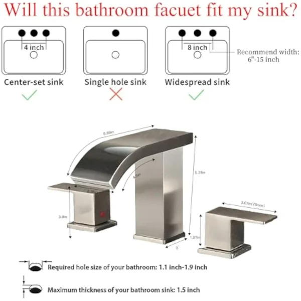 Bathroom Faucets 3 Hole Widespread Brushed Nickel Bathroom Sink Faucet 8 Inch Led Light Modern 3 Hole Vanity Faucet Bathroom Wi - Image 3