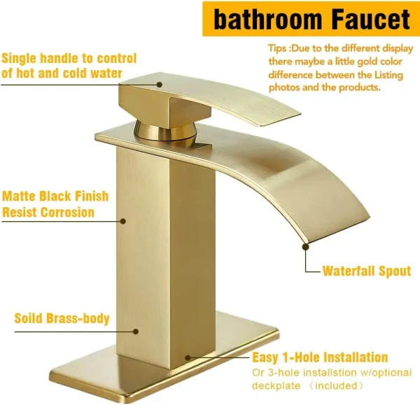 Waterfall Spout Bathroom Faucet, Single Handle Bathroom Sink Faucets, Rv Vessel Faucet Basin Mixer Tap with Deck Plate, - Image 6
