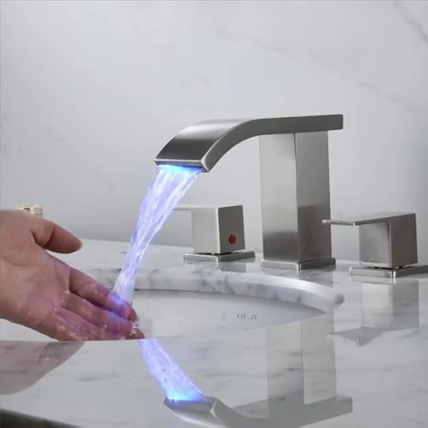 Bathroom Faucets 3 Hole Widespread Brushed Nickel Bathroom Sink Faucet 8 Inch Led Light Modern 3 Hole Vanity Faucet Bathroom Wi - Image 5