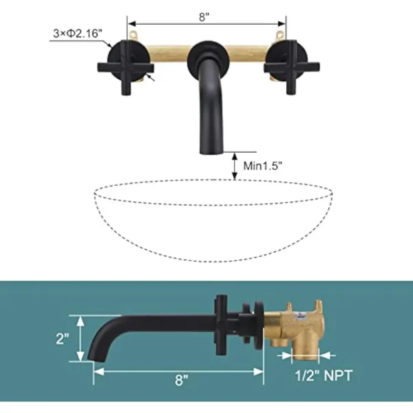 Matte Black Bathroom Faucet, 2 Handle Wall Mount Bathroom Faucet and Rough-In Valve Included, Vessel Sink Faucet Wall Mounted - Image 4