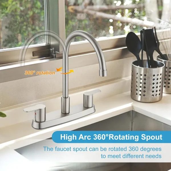 8 Inch Centerset Kitchen Faucet for Sink 3 Hole Dual Handle Kitchen Sink Faucets High Arc 360 Degree Rotating Spout with Supply