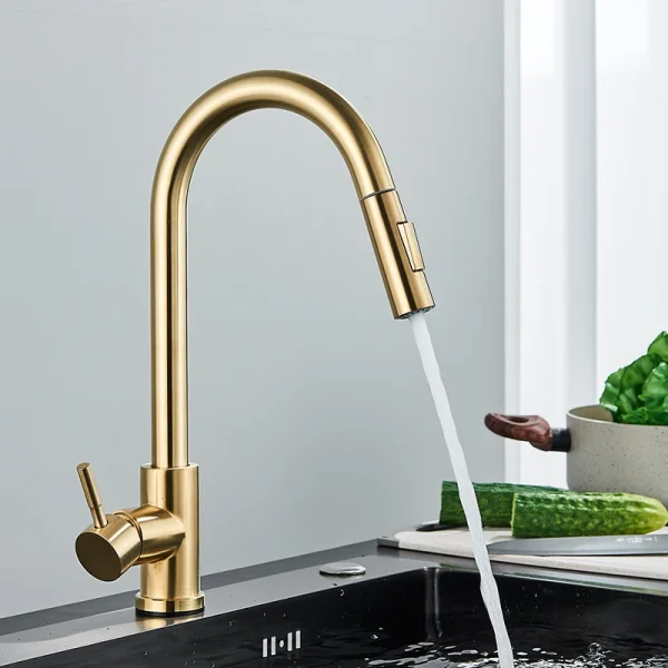 Quyanre Brushed Gold Kitchen Faucet Pull Out Kitchen Sink Water Tap Single Handle Mixer Tap 360 Rotation Kitchen Shower Faucet - Image 4
