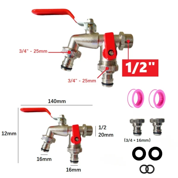 Industrial and Home Irrigation Zinc Alloy Garden Bibcocks Outdoor 1 Inlet 2 Outlet Bibcock with Dual Nipple and Bathroom Faucet - Image 5
