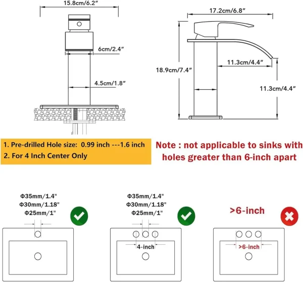 Waterfall Spout Bathroom Faucet, Single Handle Bathroom Sink Faucets, Rv Vessel Faucet Basin Mixer Tap with Deck Plate, - Image 4