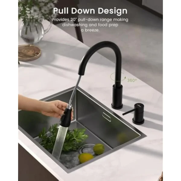 2 Hole Kitchen Faucet, 3 Modes Matte Black Kitchen Faucet with Pull down Sprayer, High Arch Kitchen Sink Faucet with Side Sing - Image 4